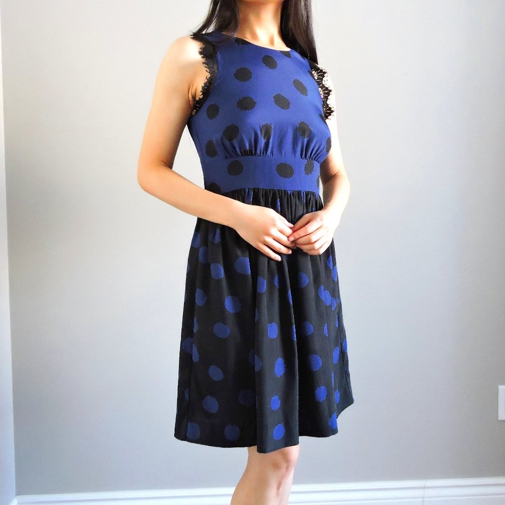 Corey Lynn Calter Blue Black Polka Dot Open Back Sleeveless Dress w/ Lace Edge